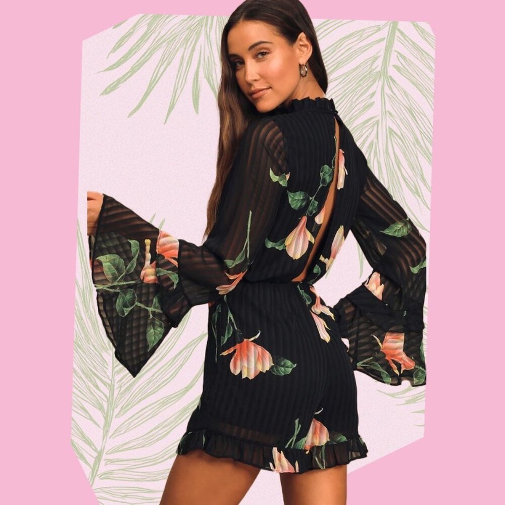 LULUS Talking Sweet Black Floral Print long Sleeve Cutout Romper Size:L